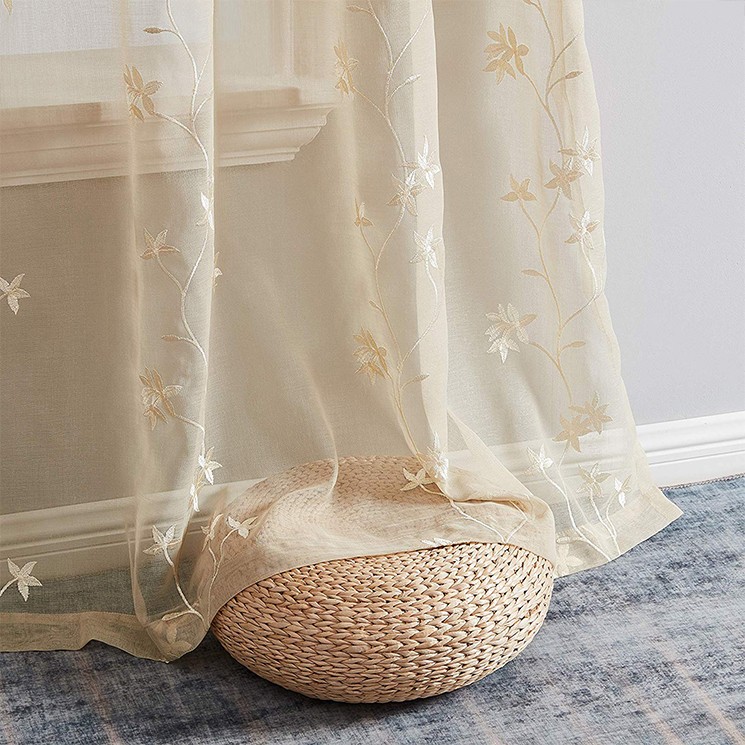 Translucent Gauze Beige Color Embroidery Curtain--globaltextiles.com